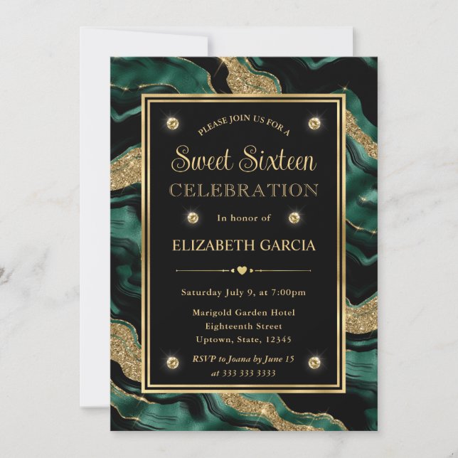 Elegant Green Foil and Gold Glitter Agate Sweet 16 Invitation (Front)