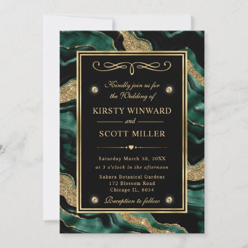 Elegant Green Foil and Gold Glitter Agate Wedding Invitation