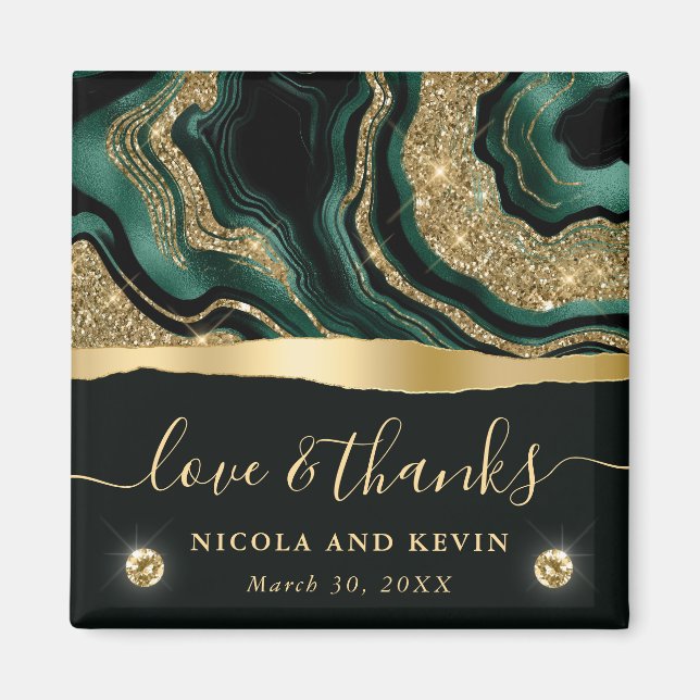 Elegant Green Foil and Gold Glitter Agate Wedding Magnet (Front)