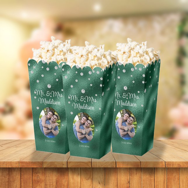 Elegant Green Foil & Diamond Wedding Popcorn Favor Boxes (Creator Uploaded)
