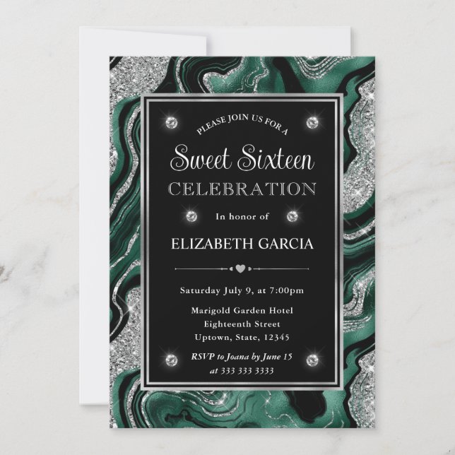 Elegant green Foil & Silver Glitter Agate Sweet 16 Invitation (Front)