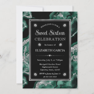 Elegant green Foil & Silver Glitter Agate Sweet 16 Invitation