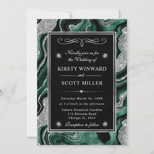 Elegant Green Foil  Silver Glitter Agate Wedding Invitation