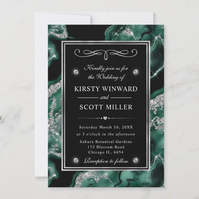 Elegant Green Foil & Silver Glitter Agate Wedding Invitation (Front)