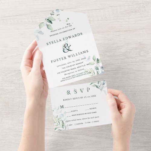 Elegant Green Foliage Ampersand Wedding  All In One Invitation