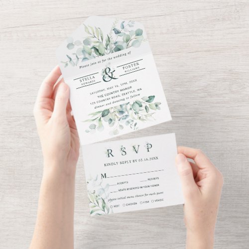 Elegant Green Foliage Ampersand Wedding All In One Invitation