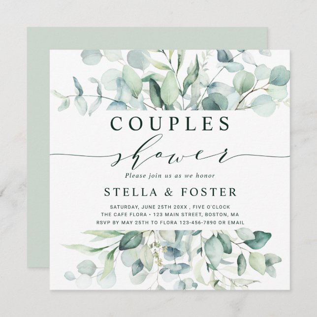 Elegant Green Foliage Couples Shower Square Invitation (Front/Back)