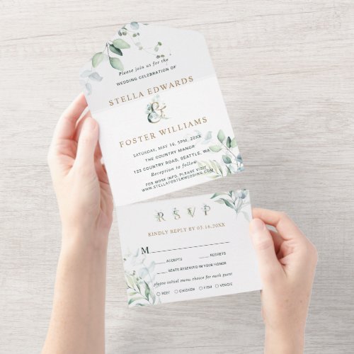 Elegant Green Foliage Gold Ampersand Wedding  All In One Invitation