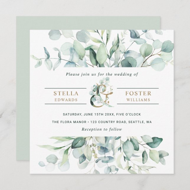 Elegant Green Foliage Gold Ampersand Wedding Invitation (Front/Back)