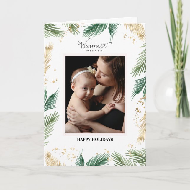 Elegant Green Foliage Gold Bough Watercolor  Holiday Card (Front)