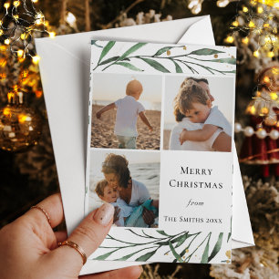 Elegant Green Foliage Gold Confetti Watercolor Holiday Card