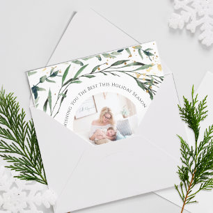 Elegant Green Foliage Gold Confetti Watercolor Holiday Card