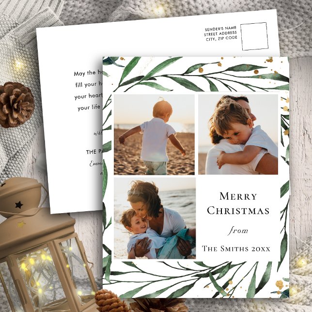 Elegant Green Foliage Gold Confetti Watercolor Holiday Postcard (Creator Uploaded)