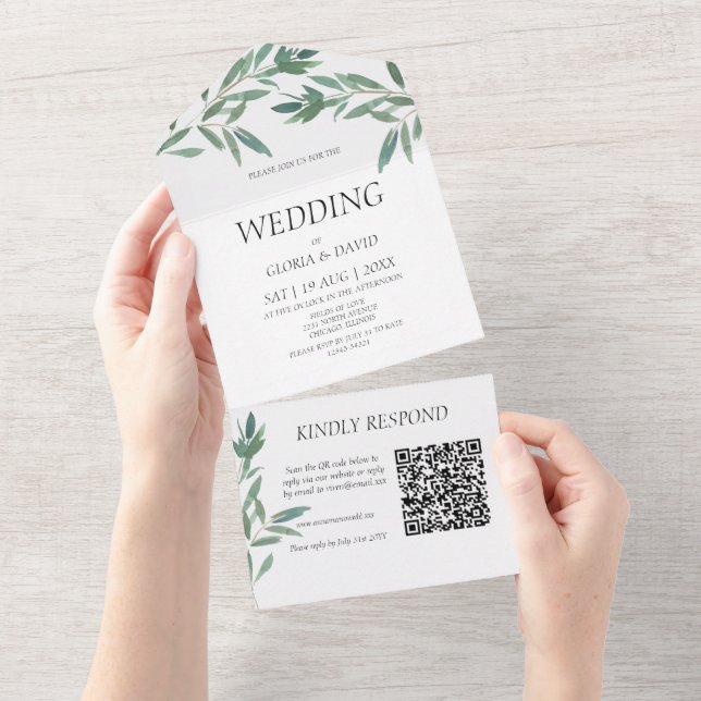Elegant Green Foliage  QR Code   All In One Invitation (Tearaway)