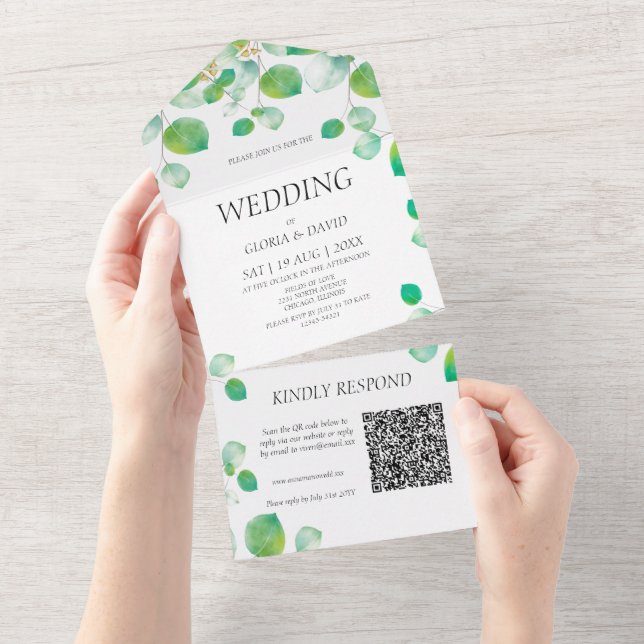 Elegant Green Foliage  QR Code    All In One Invitation (Tearaway)