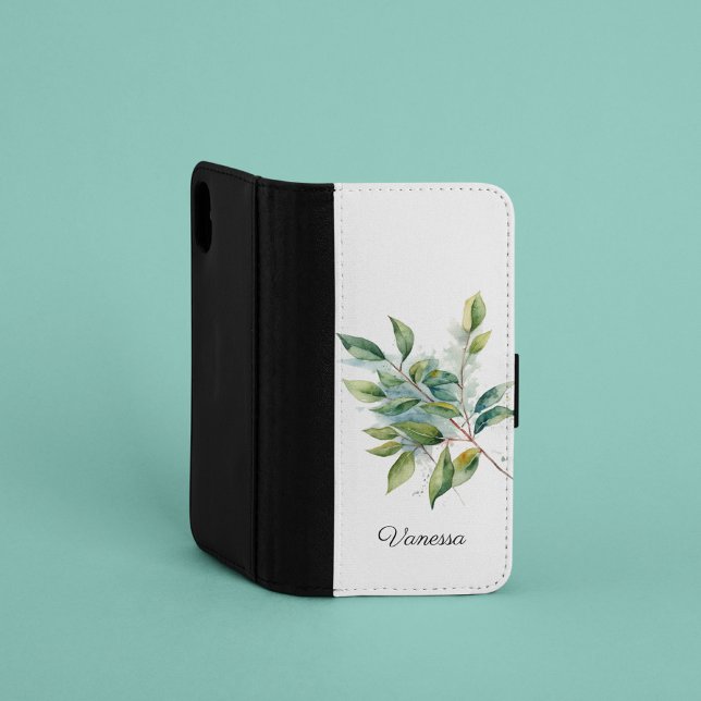 Elegant Green Foliage Watercolor, custom iPhone Wallet Case (Creator Uploaded)