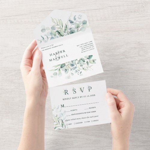 Elegant Green Foliage Watercolor Wedding All In One Invitation