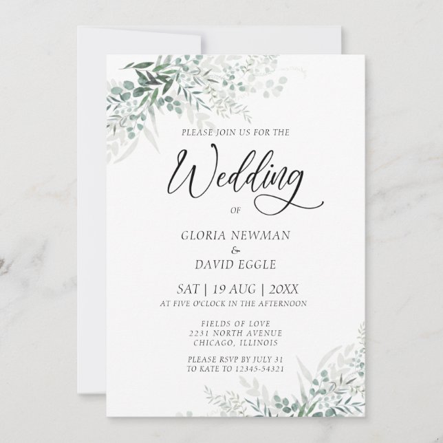 Elegant Green Foliage Wedding Invitation (Front)