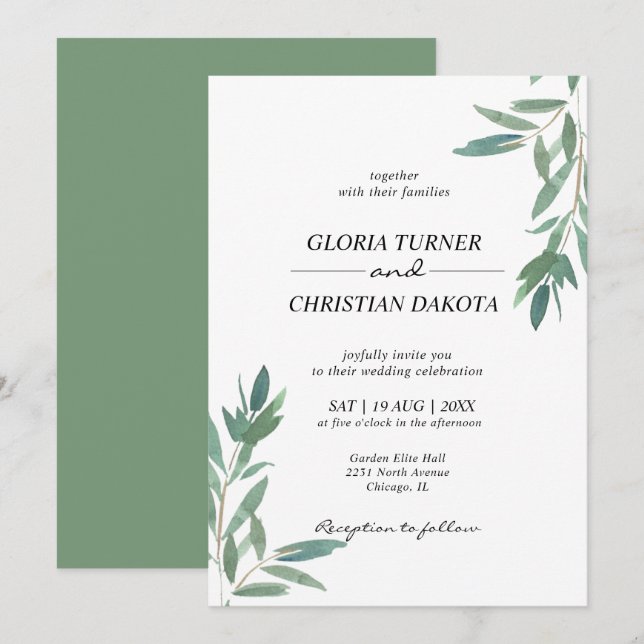 Elegant Green Foliage Wedding Invitation (Front/Back)