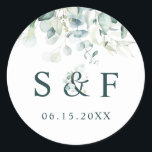 Elegant Green Foliage Wedding Monogram Classic Round Sticker<br><div class="desc">This wedding monogram sticker features painted watercolor eucalyptus,  botanical green,  and light blue leaves.</div>