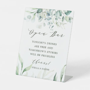 Elegant Green Foliage Wedding Open Bar  Pedestal Sign