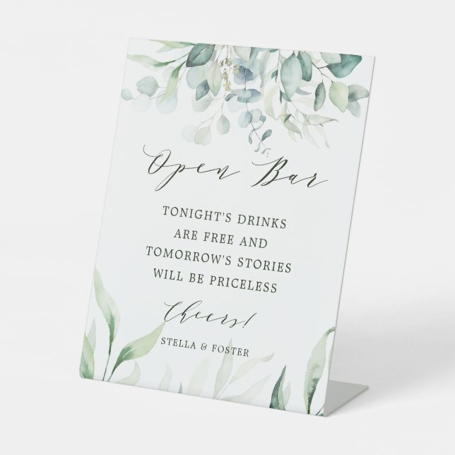 Elegant Green Foliage Wedding Open Bar  Pedestal Sign (Front)
