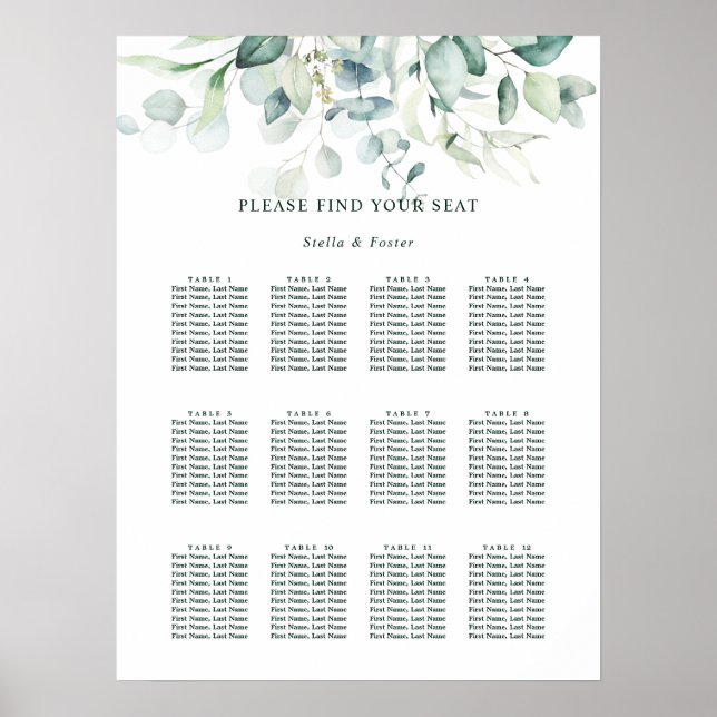 Elegant Green Foliage Wedding Seating Chart (Front)