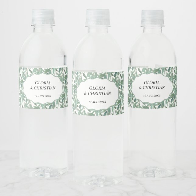 Elegant Green Foliage  Wedding  Water Bottle Label (Bottles)