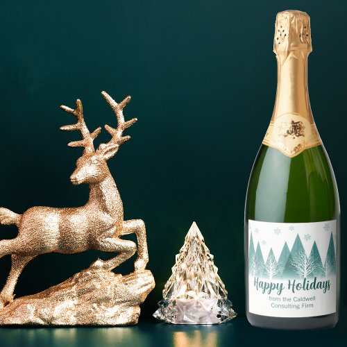 Elegant Green Forest Custom Company Holiday Party Sparkling Wine Label