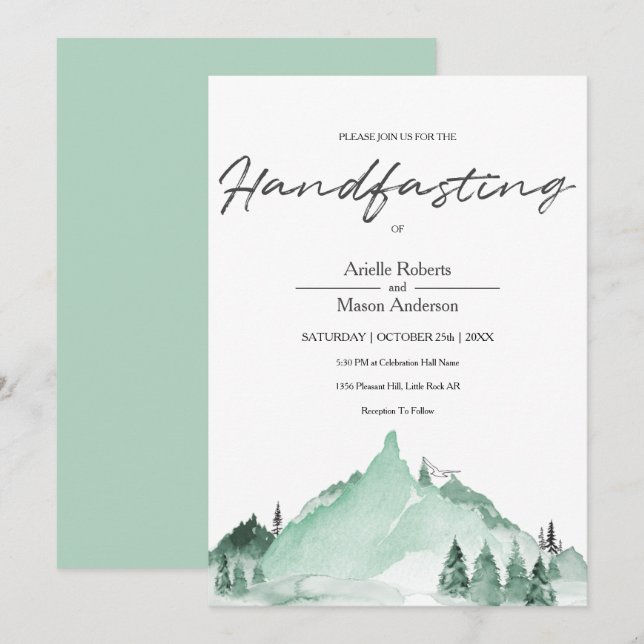 Elegant Green Forest Mountains Simple Handfasting Invitation (Front/Back)