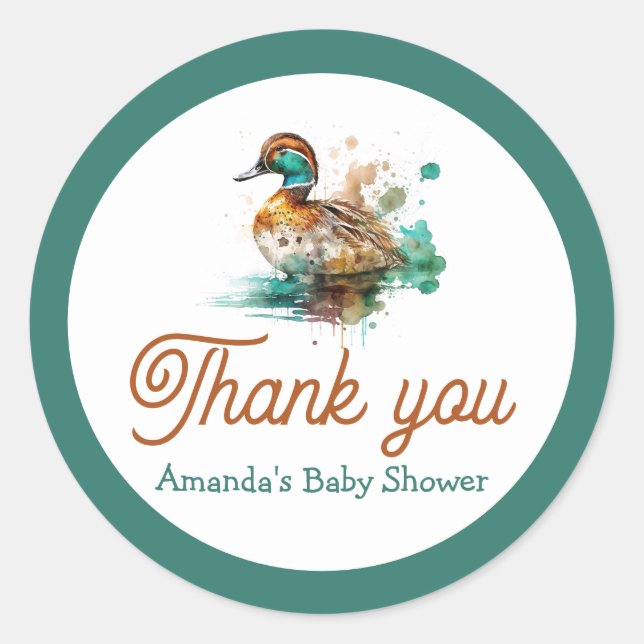 Elegant Green Framed Mallard Duck Baby Shower Classic Round Sticker (Front)