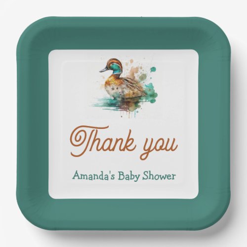 Elegant Green Framed Mallard Duck Baby Shower Paper Plates