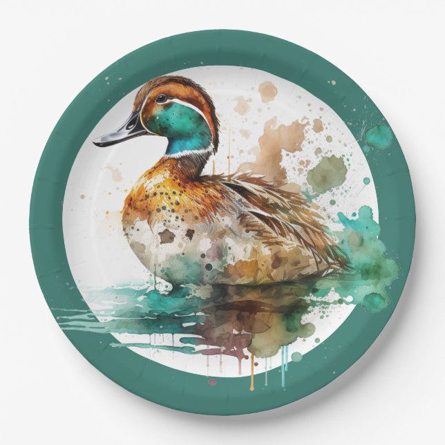 Elegant Green Framed Mallard Duck Baby Shower Paper Plates (Front)