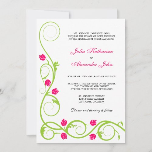 Elegant Green Fuchsia Swirls Wedding Invitation