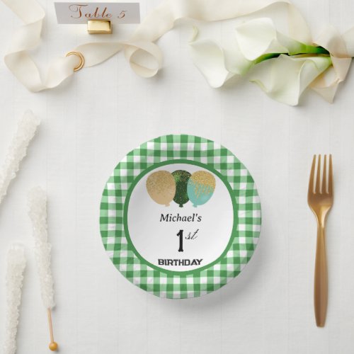 Elegant Green Gingham  Balloons 1st Birthday Paper Bowls