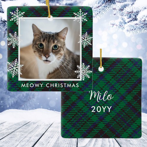 Elegant Green Gingham Cat Photo Meowy Christmas Ceramic Ornament