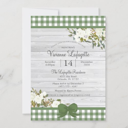 Elegant Green Gingham Floral Baby Shower Invitation