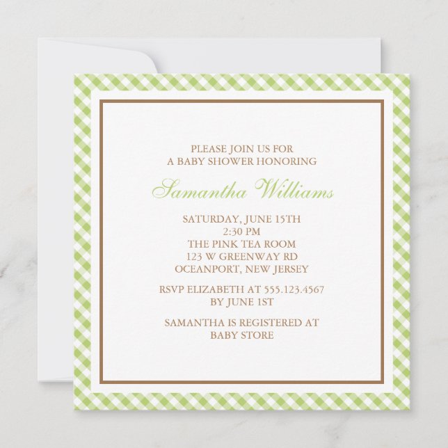 Elegant Green Gingham Pattern Baby Shower Invitation (Front)