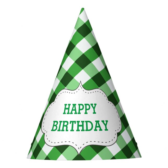Elegant Green Gingham Pattern Customized Birthday Party Hat (Front)