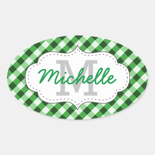 Elegant Green Gingham Pattern Personalized Name Oval Sticker (Front)