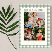 Elegant Green Gingham Plaid 3 Photo Christmas