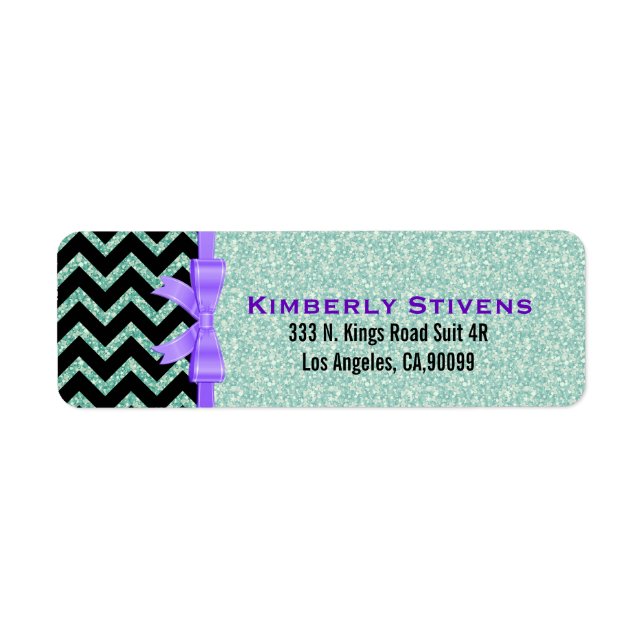 Elegant Green Glitter Black Chevron Purple Accents Label (Front)