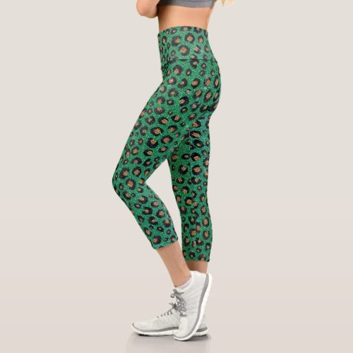 Elegant Green Glitter Black Gold Leopard Print  Capri Leggings