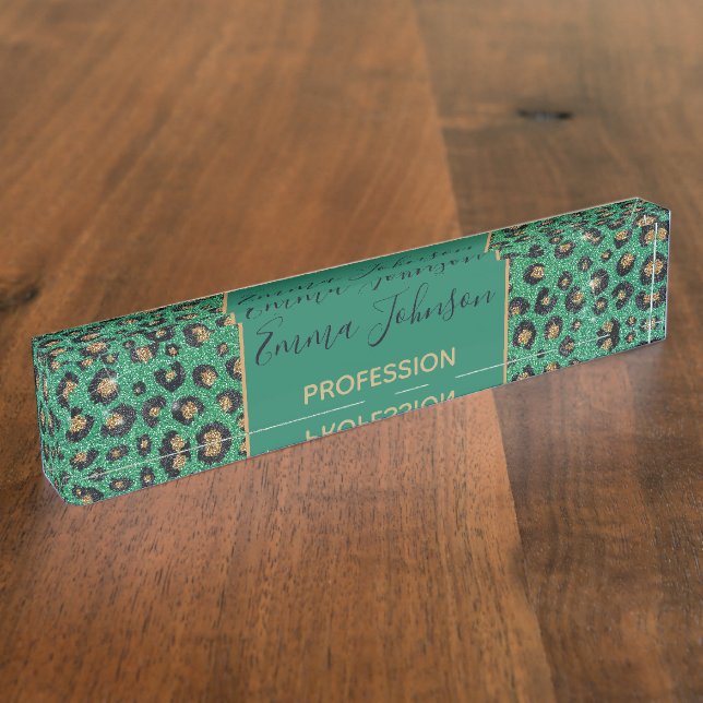 Elegant Green Glitter Black Gold Leopard Print  Desk Name Plate (Side)
