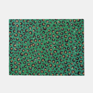Elegant Green Glitter Black Gold Leopard Print Doormat