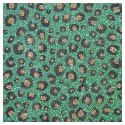 Elegant Green Glitter Black Gold Leopard Print  Fabric