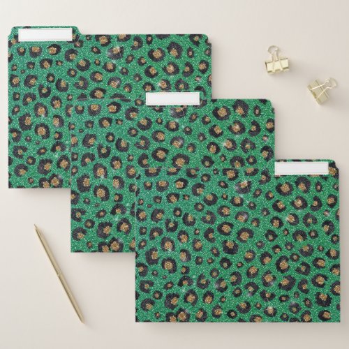 Elegant Green Glitter Black Gold Leopard Print  File Folder