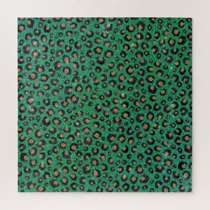 Elegant Green Glitter Black Gold Leopard Print Jigsaw Puzzle