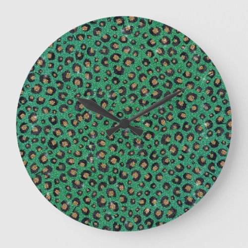 Elegant Green Glitter Black Gold Leopard Print  Large Clock