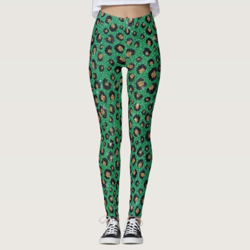 Elegant Green Glitter Black Gold Leopard Print  Leggings